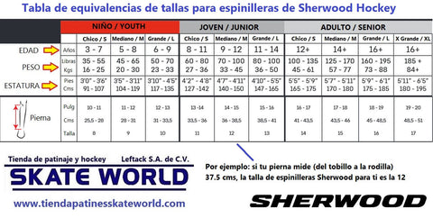 Equivalencia de tallas y medidas de espinilleras Sherwood Hockey