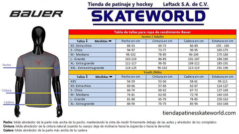 Tabla de equivalencias de tallas de ropa de rendimiento Bauer para hockey