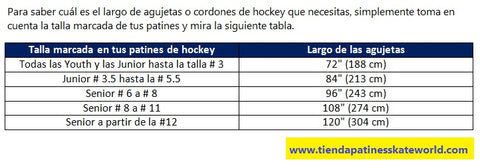 Para saber cuál es el largo de agujetas o cordones de hockey que necesitas, simplemente toma en cuenta la talla marcada de tus patines y mira la siguiente tabla.