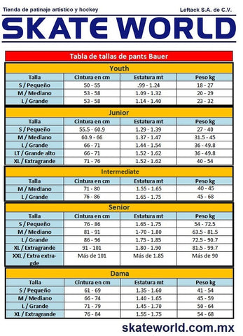 Tabla de equivalencia de tallas de pants BAUER