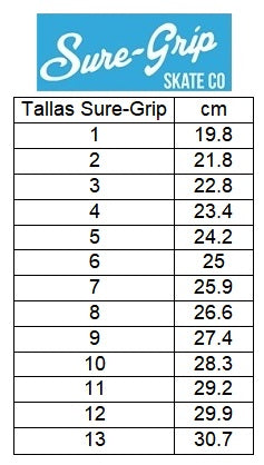 Equivalencia de las tallas de patines Sure-Grip en centímetros