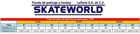 Equivalencias de tallas para espinilleras de hockey CCM