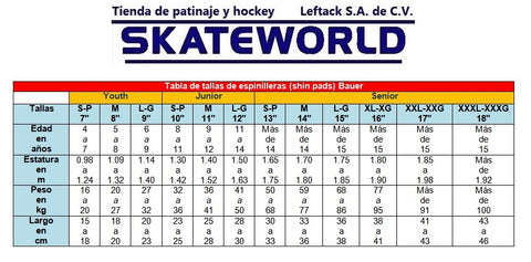 Tabla de tallas para espinilleras Bauer