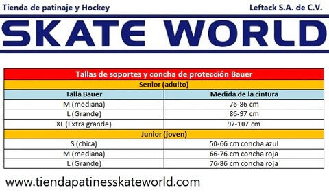 Tabla de equivalencias de tallas de soportes y conchas de protección Bauer para hockey