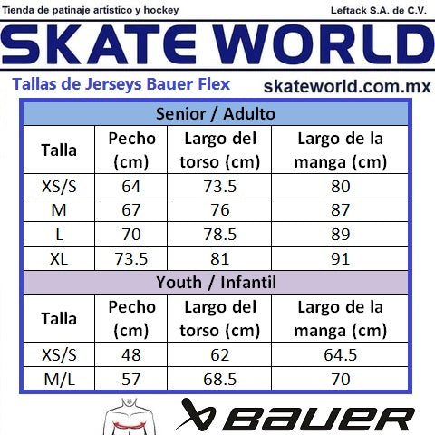 Tabla de equivalencias de tallas de jerseys Bauer para hockey