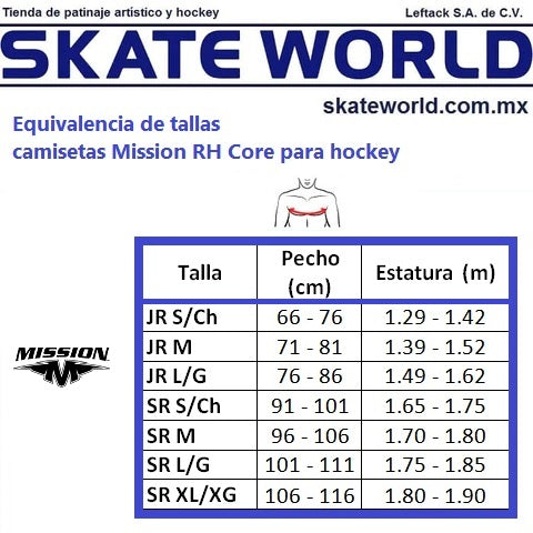 Equivalencia de tallas de la camiseta Mission RH Core para hockey