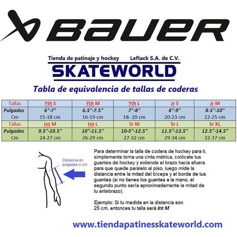 Tabla de equivalencia de tallas para coderas Bauer Hockey en Skateworld