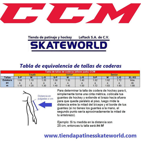 Equivalencias de tallas de coderas CCM hockey en Skateworld México