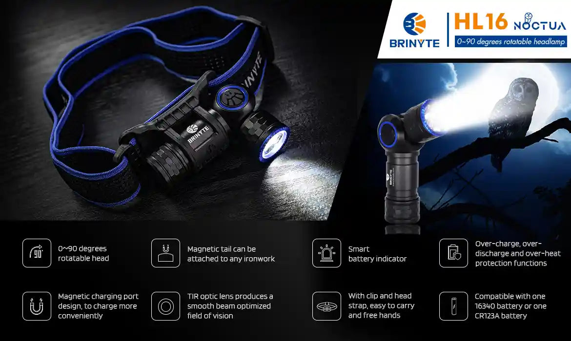 Brinyte HL16 Headlamp edc light Compatible with both Dry and Rechargeable Battery