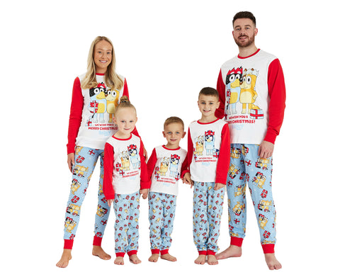 Bluey Family Matching Christmas Pyjamas: The whole family dressed in festive Bluey-themed sleepwear, celebrating the holiday season with joy and togetherness.