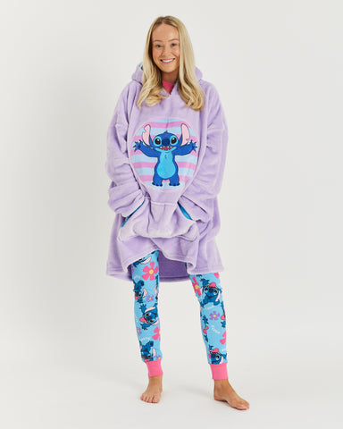 Lilac Oversized Lilo and Stitch Hoodie: A cozy, oversized hoodie in soft lilac, featuring adorable Lilo and Stitch characters, perfect for comfortable and stylish casual wear.