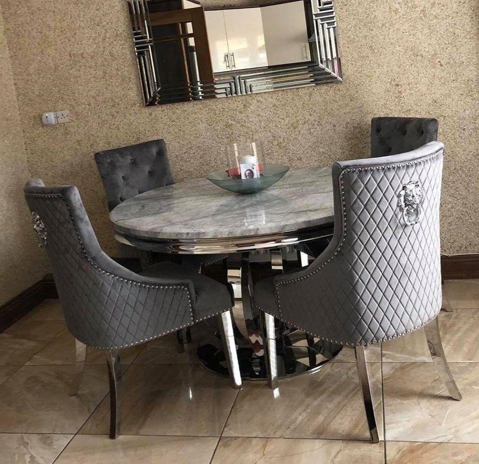 The Orion Grey Marble Dining Set With Lion Knocker Chairs #1636