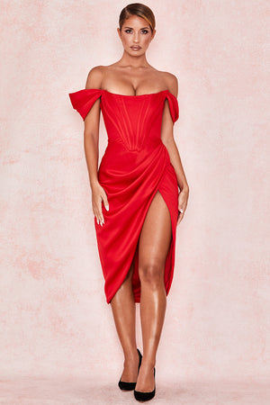 off shoulder midi cocktail dress