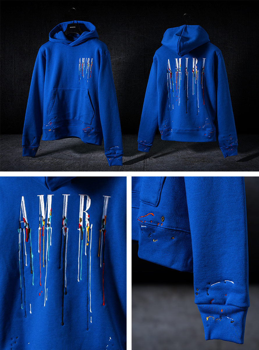 Amiri Blue Paint Drip Core Logo Hoodie