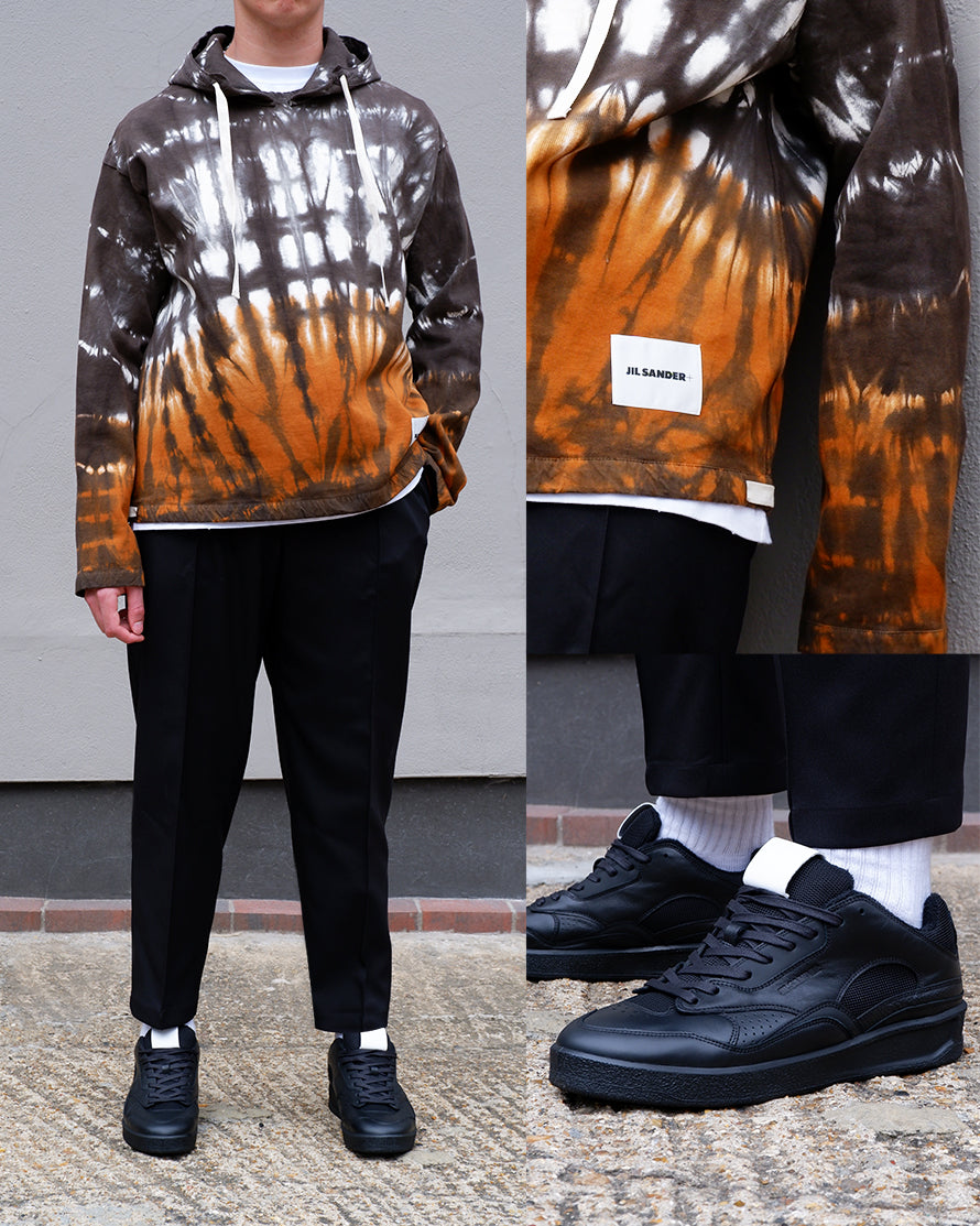 Jil Sander Plus Brown Tie Dye Hoodie, Jil Sander Black Tailored Trousers, Jil Sander Black Leather Trainers