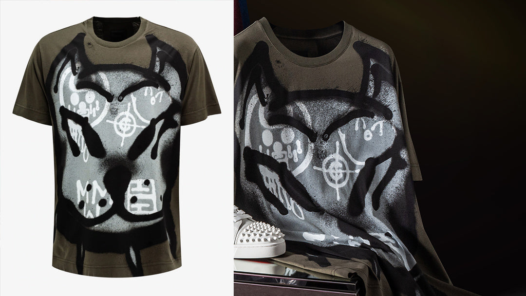 Givenchy Khaki Tag-Effect Dog Print Oversized T-Shirt