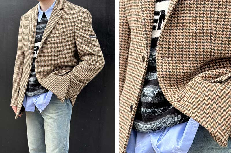 Grandpacore Outfit - Balenciaga beige houndstooth blazer, Kenzo x Verdy all-over logo shirt, Givenchy stripe sweater, Kenzo stonewash jeans