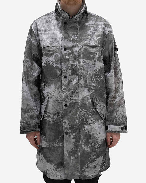 Stone Island Grey Camo Mesh Reflective Nylon Coat. Dissolving Grid Camo Mesh on Reflective Econyl® Regenerated Nylon