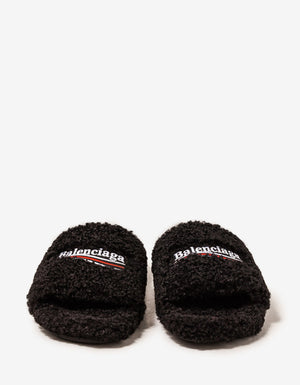 Balenciaga Black Political Logo Furry Slide Sandals