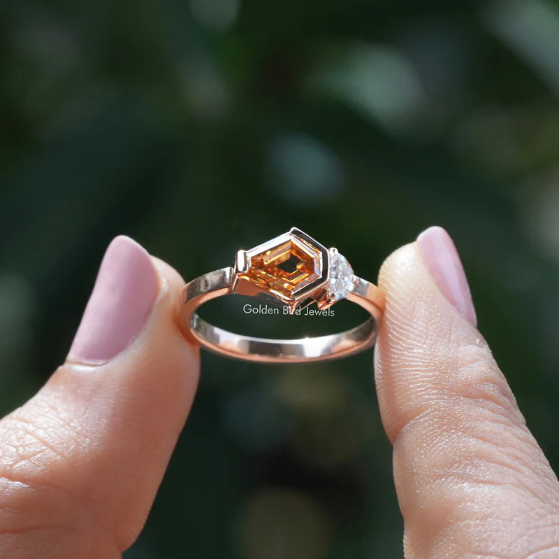 Champagne brown shade antique shield cut Moissanite Toi Moi ring in yellow gold band