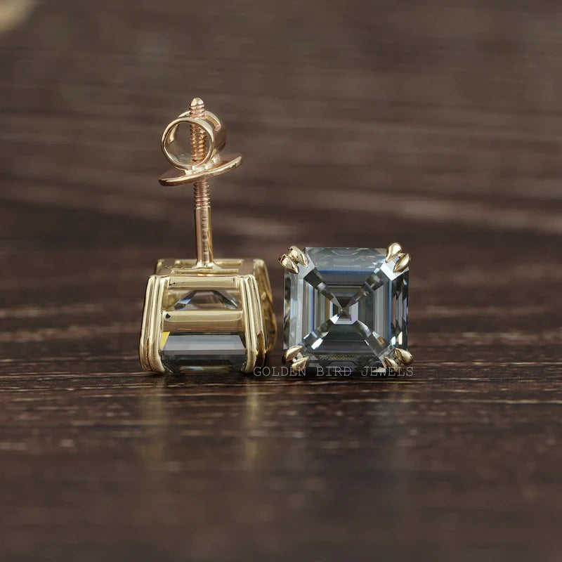 Square 4.00 carat weight Asscher cut moissanite earrings in yellow gold