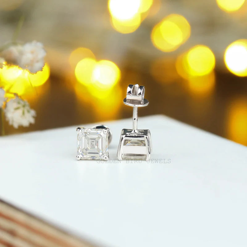 2.50 total carat weight square Asscher cut Moissanite fancy stud earrings with a white gold material to gift on Christmas