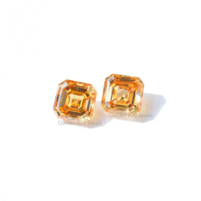Orange colored Asscher cut Moissanite gems