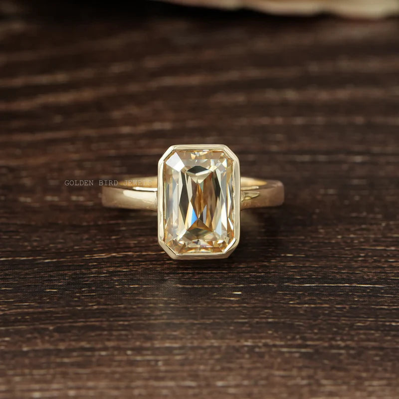 Yellow gold bezel set elongated criss cut moissanite promise ring for her