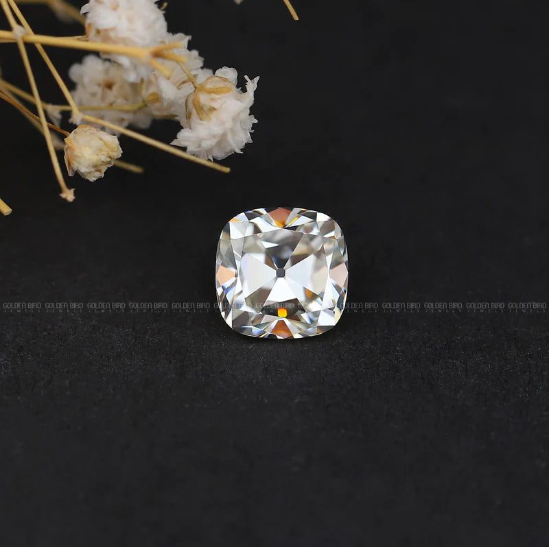 Off white colored old mine cushion cut ethical Moissanite stone