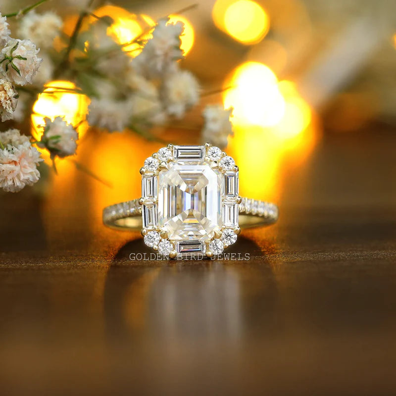 4.90 Carat Total Weight Emerald Cut Moissanite Halo Ring In Gold
