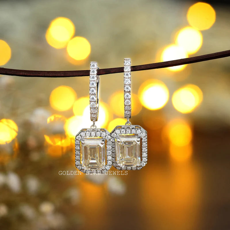 Yellowish emerald cut women's moissanite earrings for party wear