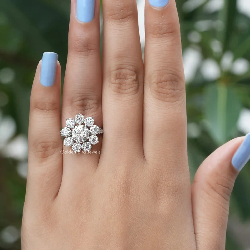 5.50-carat weighted flower cluster ring with VVS clarity moissanite stones and straight band
