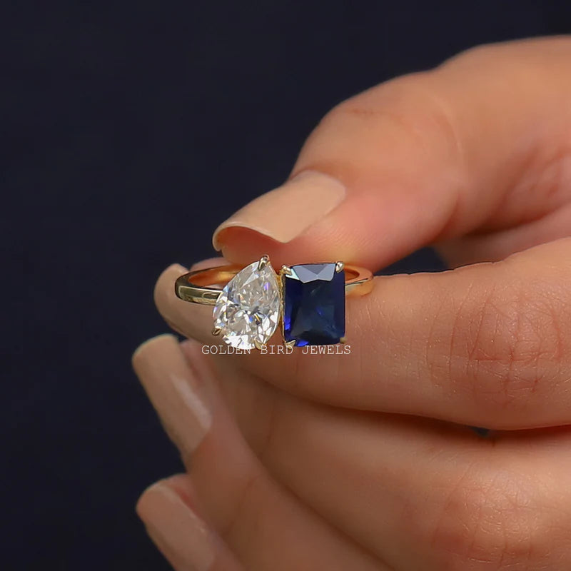 Blue emerald cut gemstone Toi et Moi promise ring for her