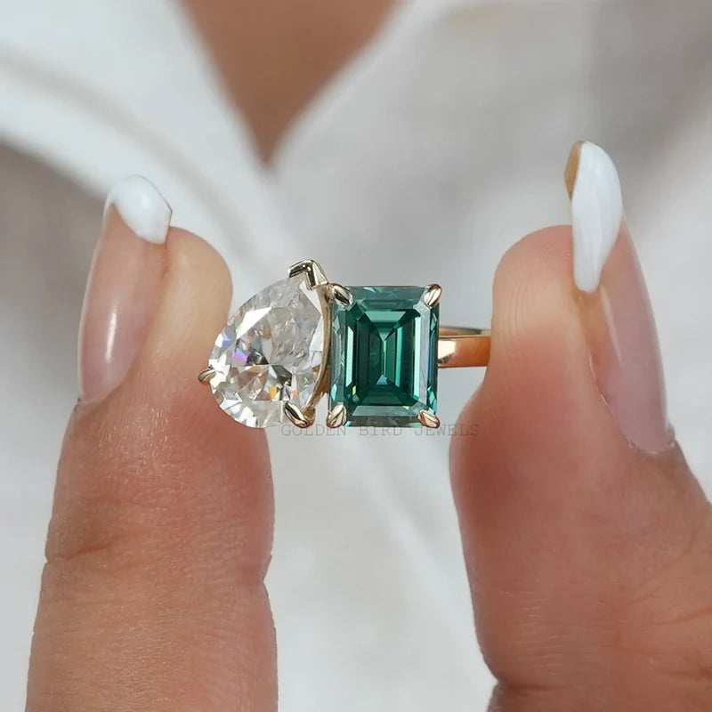 Greenish emerald and pear cut Moissanite ring for engagement proposal