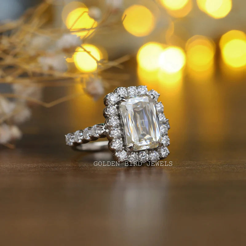 6.60 carat weighted colorless emerald cut moissanite halo ring for her with 18kt white gold metal