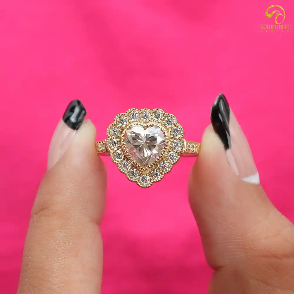Heart shaped Moissanite halo engagement ring for her