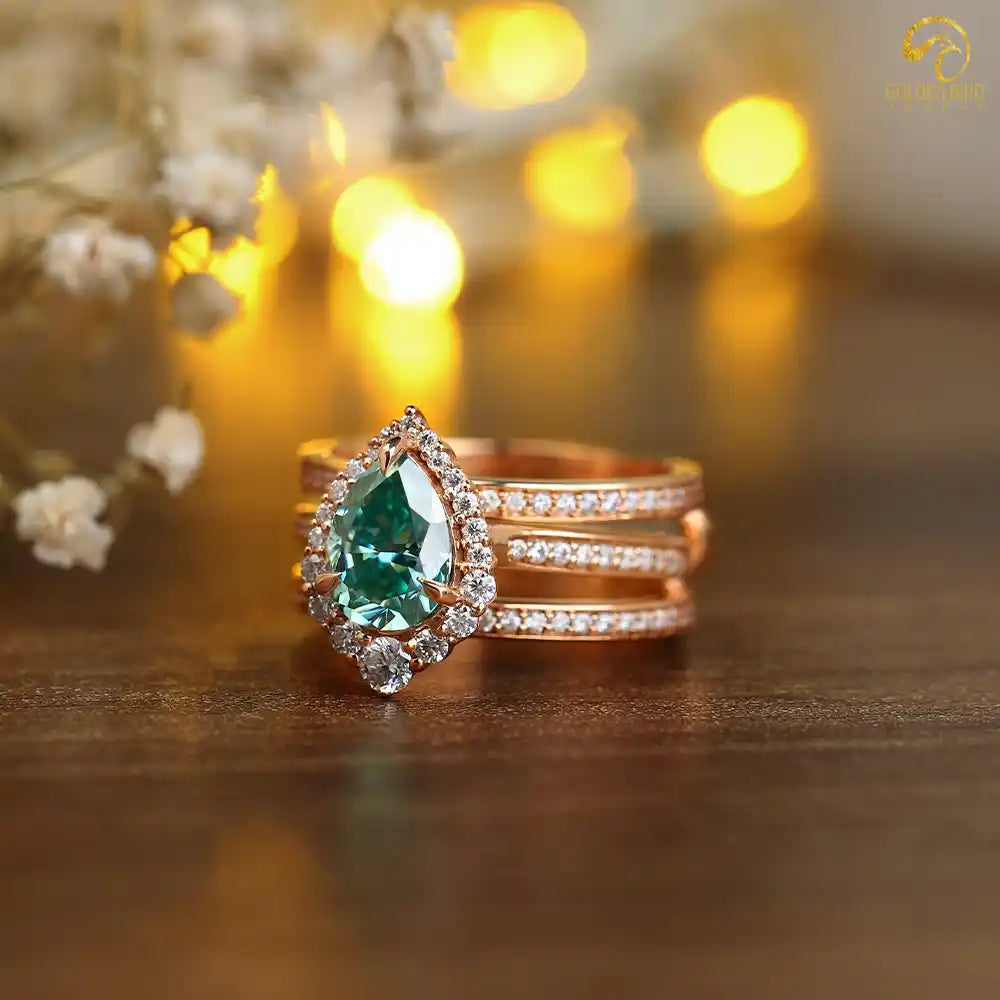 Green marquise cut Moissanite engagement ring in rose gold