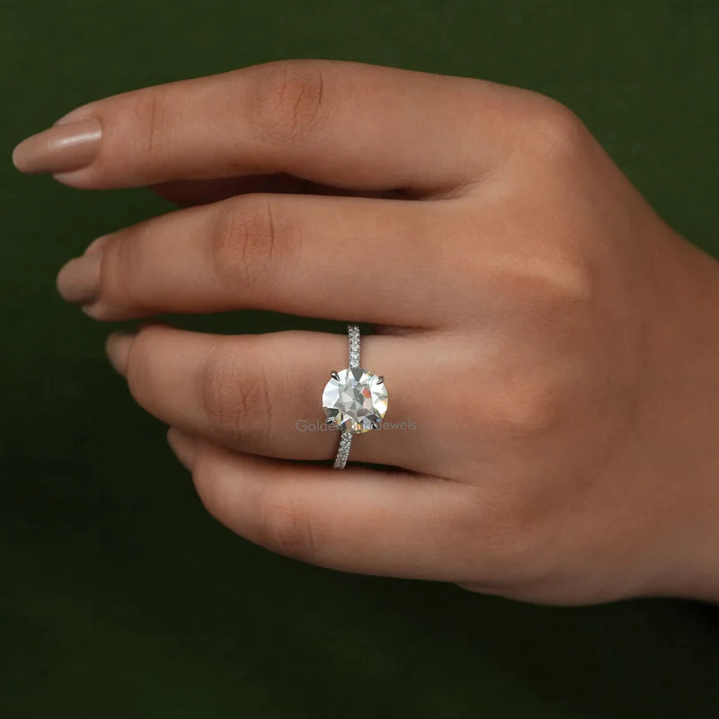 2.95 carat weighted old European cut moissanite ring with four prong settings in white gold