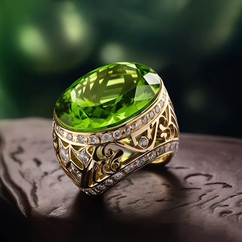 Peridot gemstone ring in yellow gold and engraving Art Deco pattern