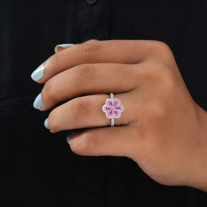 Pink tourmaline semi-precious gemstone and round cut Moissanite engagement ring