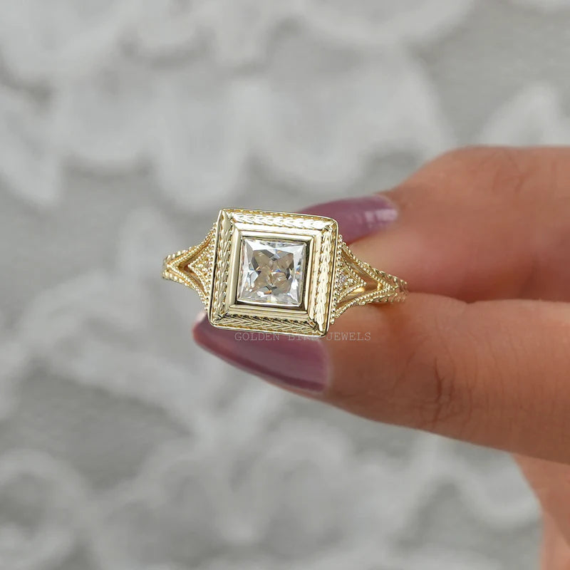 Yellow gold princess cut moissanite engagement ring with filigree work band