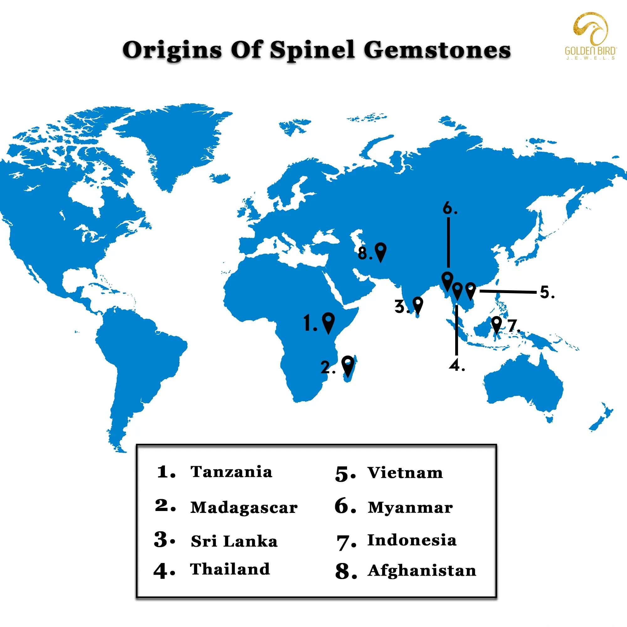 Worlwide spinel gemstone origin places on map