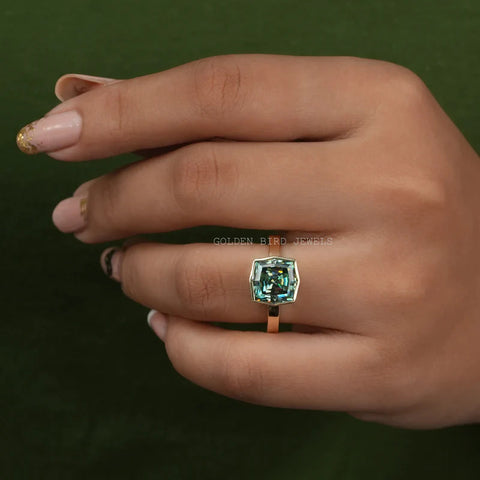 [Wearing a Beautiful Step Cut Cushion Shape Moissanite Engagement Ring] - [Golden Bird Jewels]