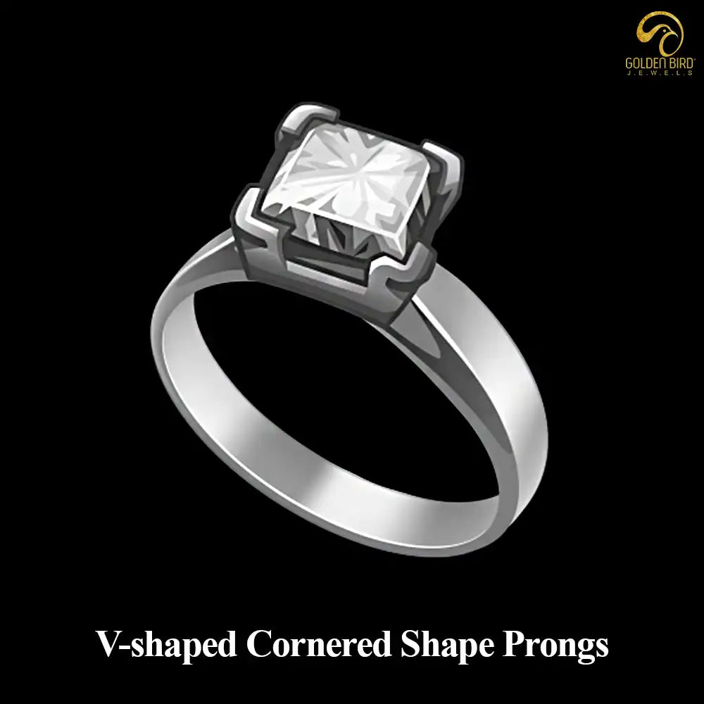 V-shaped cornered prong setting in ring