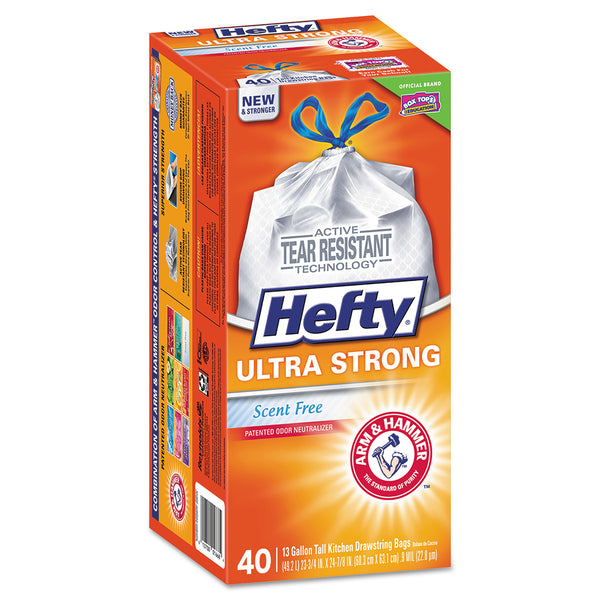 Hefty® Ultra Strong BlackOut Tall-Kitchen Drawstring Bags, 13 gal, 0.9 mil,  23.75 x 24.88, Black, 240/Carton