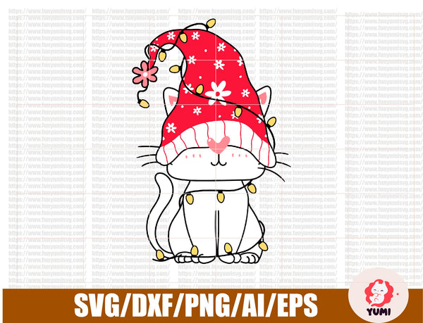 Download Christmas Gnome White Cat With Red Santa Hat And Light Blub String Co Custom Designs