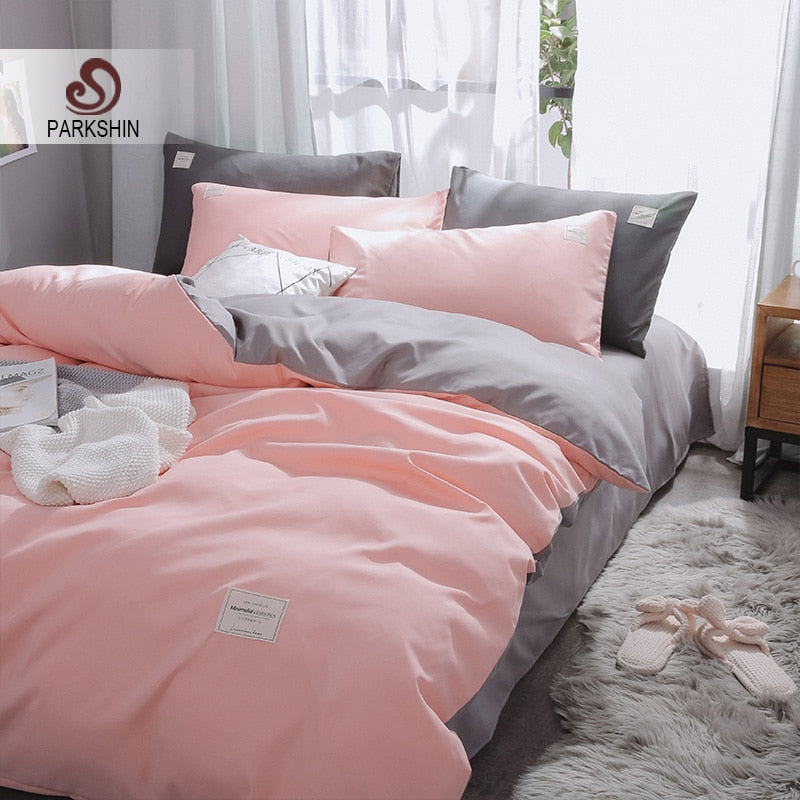 Parkshin Pink Duvet Cover Gray Flat Sheet Pillowcase 100 Cotton