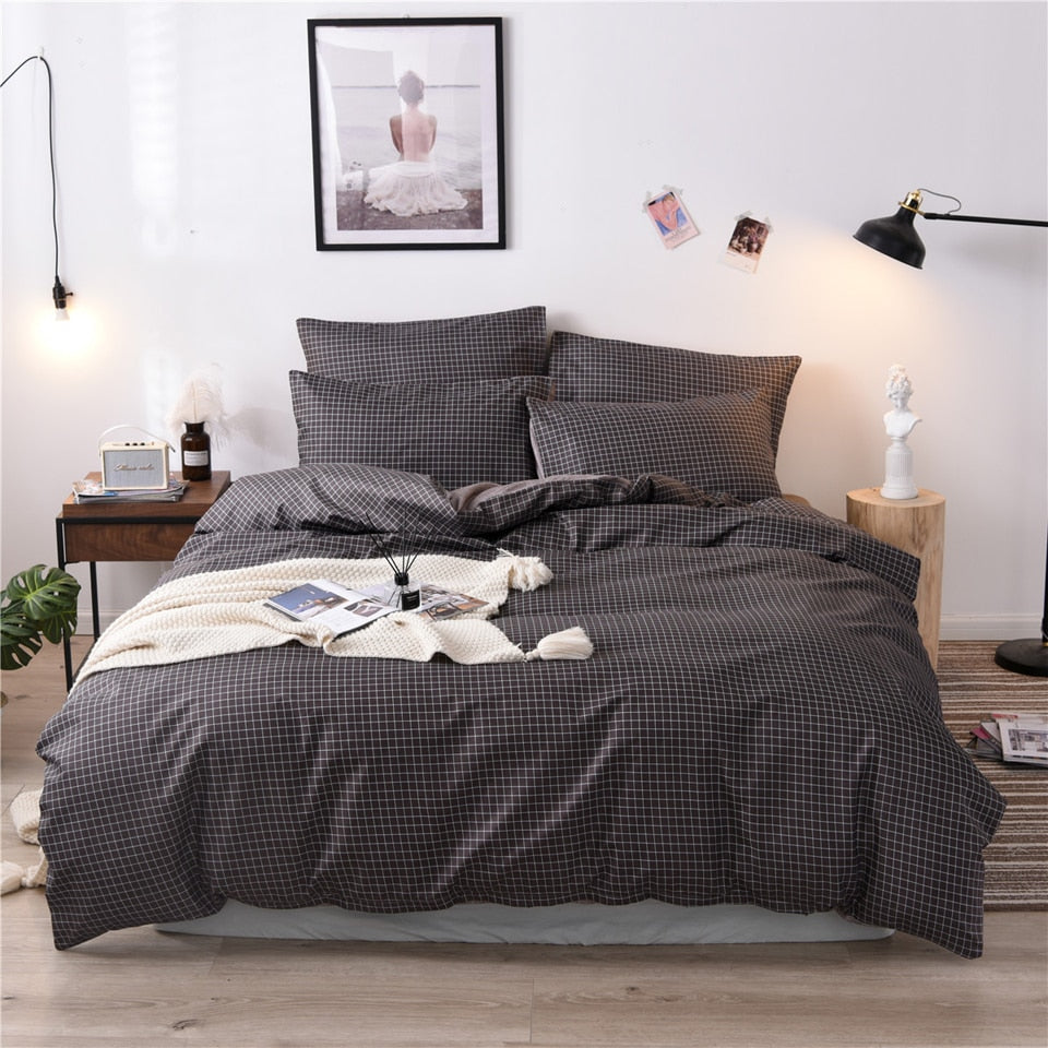 Pure Grid Grey Blue Pink Black Bed Linen Simple Duvet Cover Sets