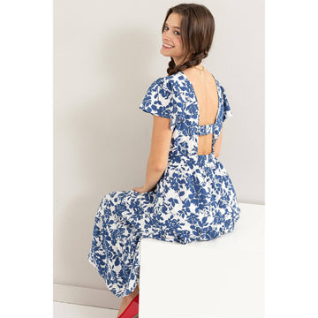 Elegant Floral Midi Dress | Blue