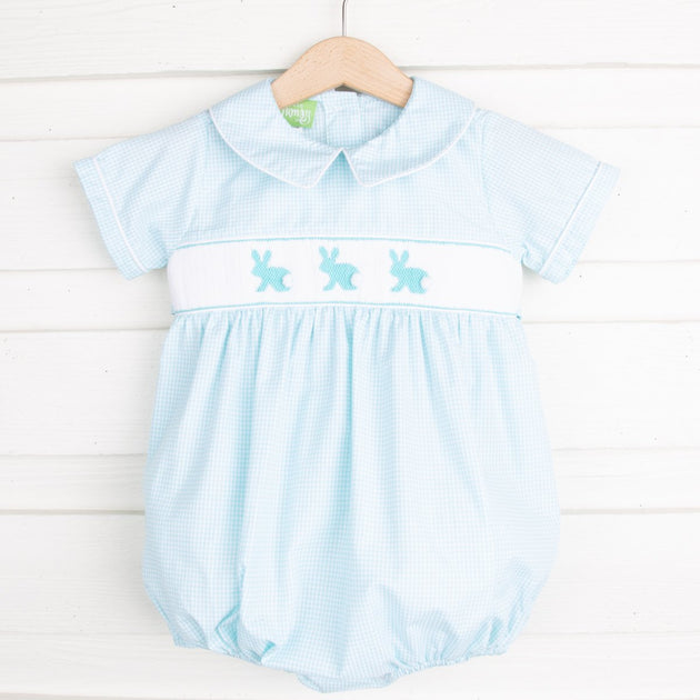 Bunny Silhouette Smocked Collared Boy Bubble Aqua Gingham – Smocked ...